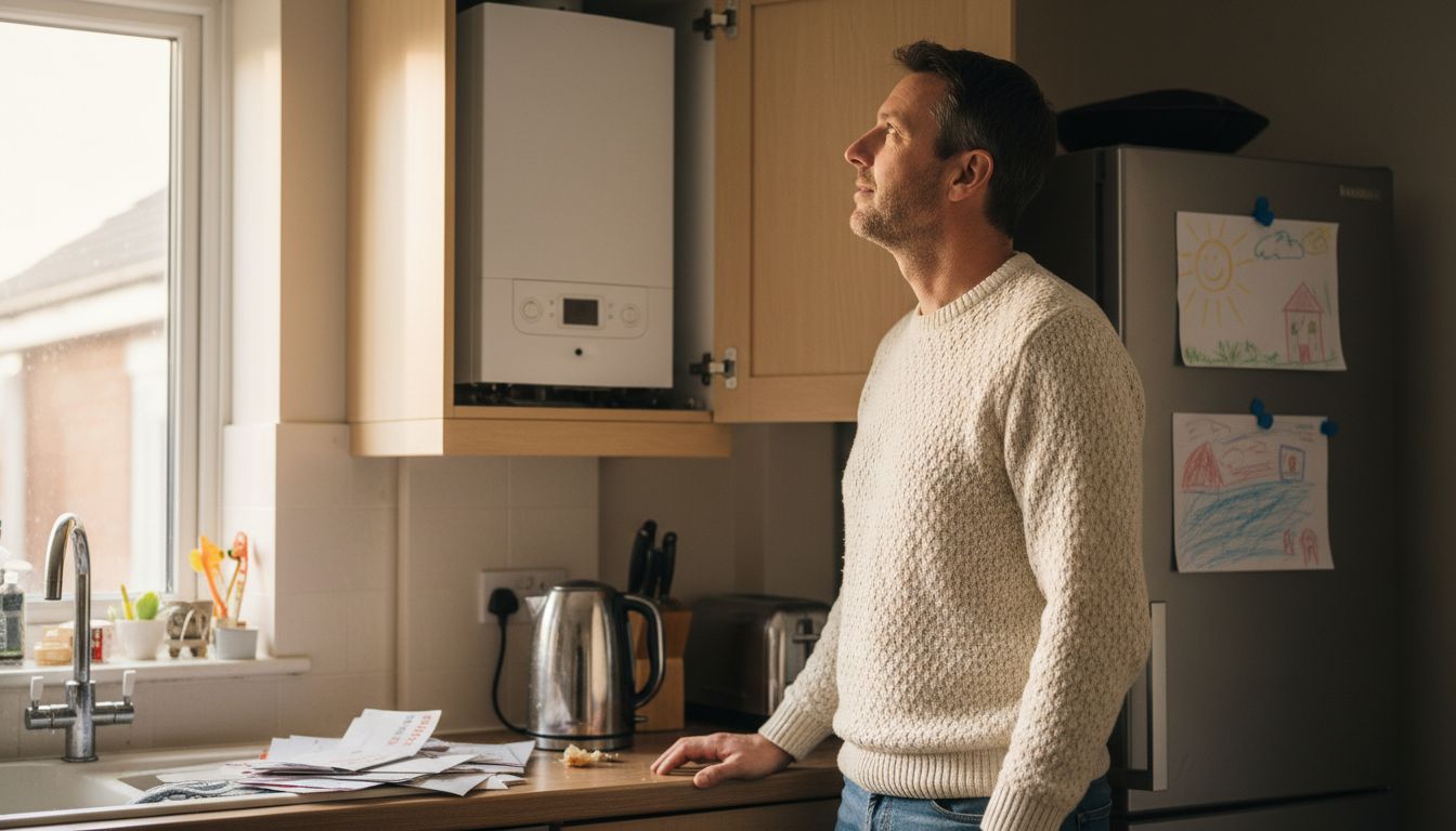 Homeowner examining gas boiler in Hampshire kitchen