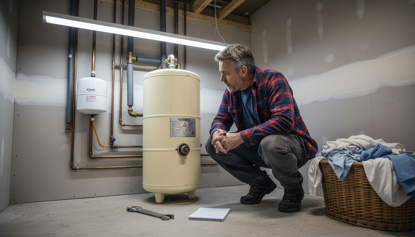Homeowner inspecting hot water cylinder in utility room
