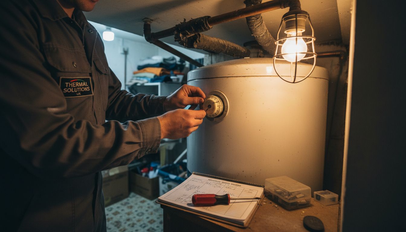 Technician adjusting thermostat on water cylinder