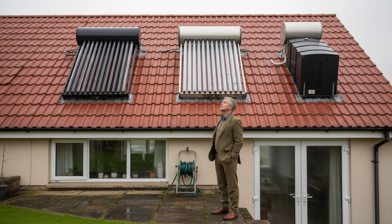 UK home with different solar water heaters on roof