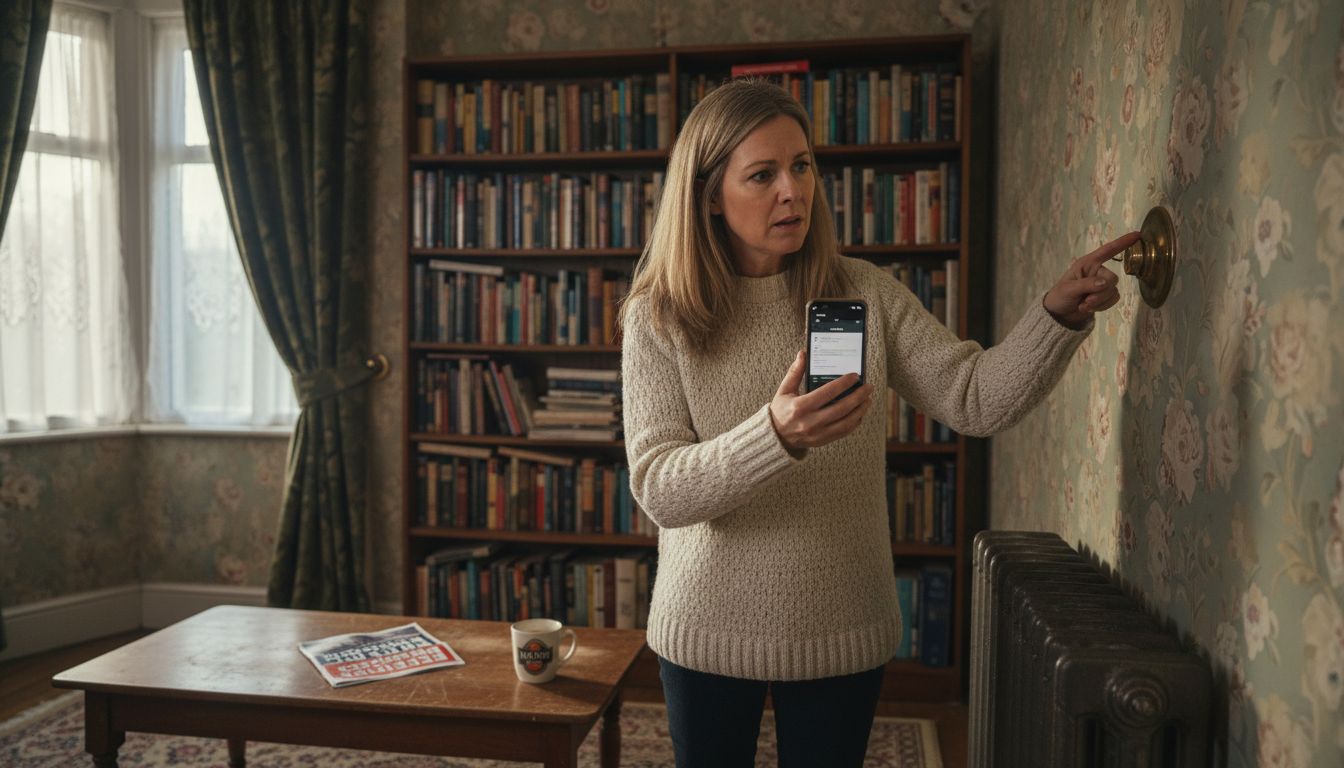 Woman inspecting radiator in UK home emergency
