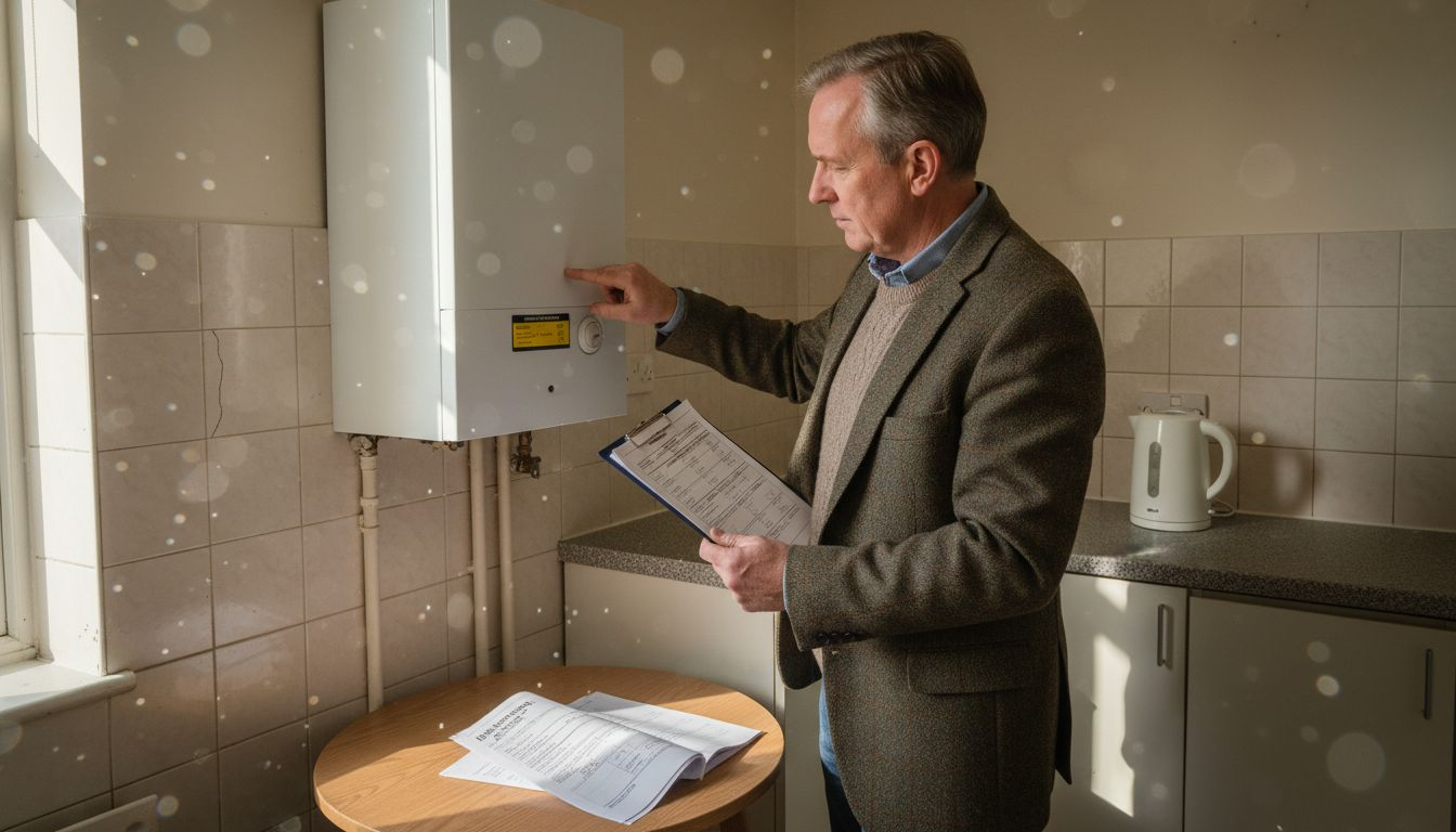 Landlord inspecting boiler with checklist