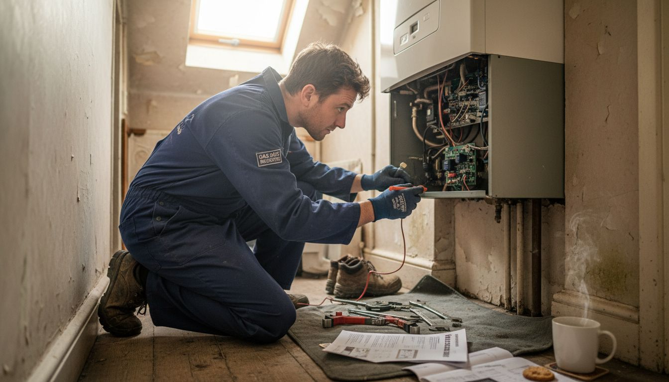 Engineer servicing open boiler in hallway
