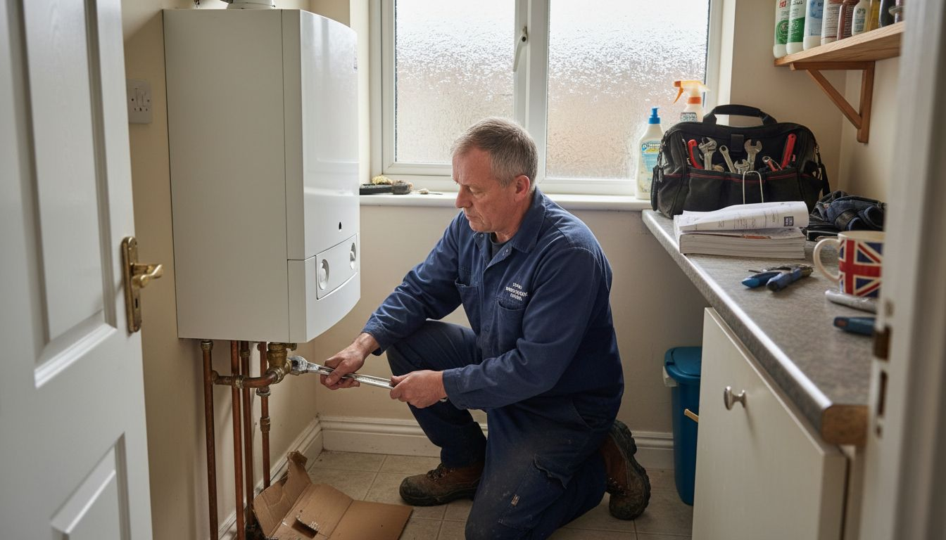 Engineer installing gas boiler in UK home