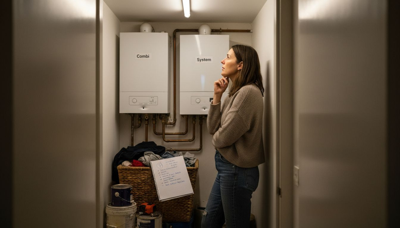 Woman comparing three types of boilers