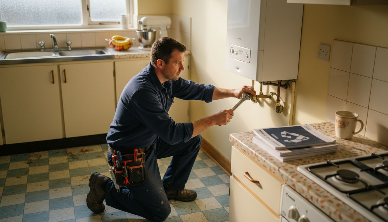 Engineer repairs boiler in Hampshire home kitchen