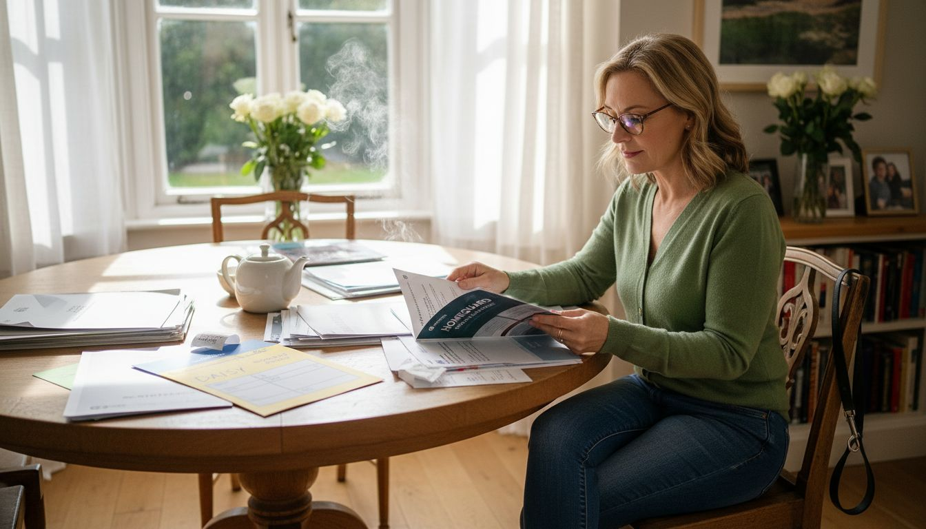 Woman reviews boiler policy paperwork at table