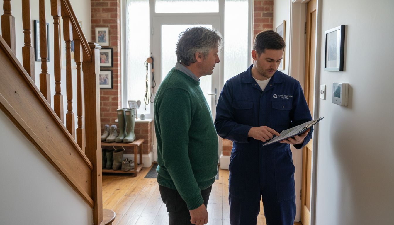 Homeowner and engineer reviewing heating boiler upgrade