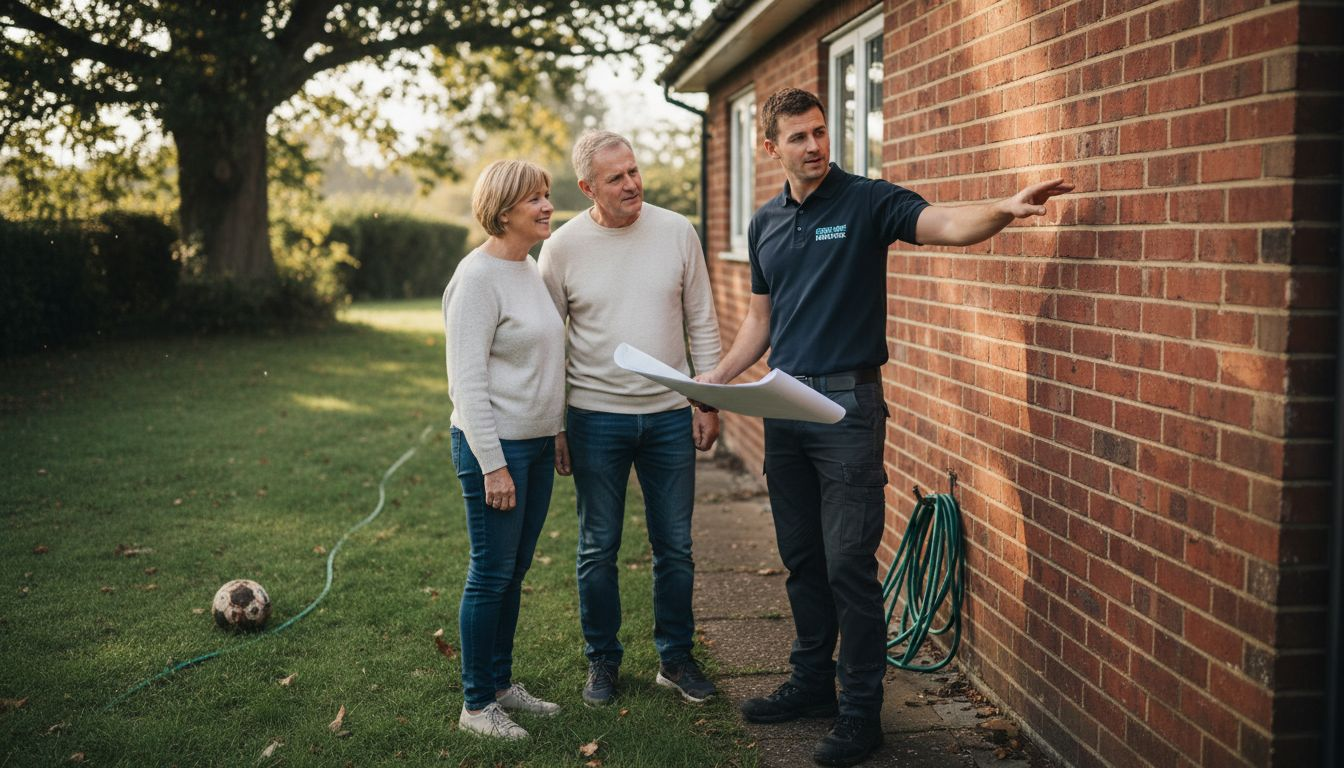 Homeowners and installer planning heat pump location