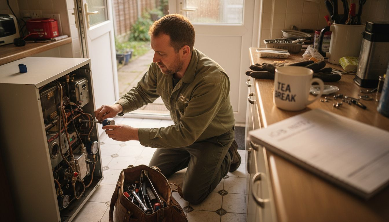Technician servicing gas boiler in kitchen