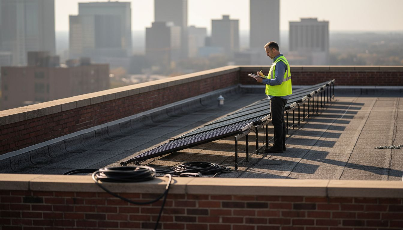 Manager inspecting rooftop solar thermal panels
