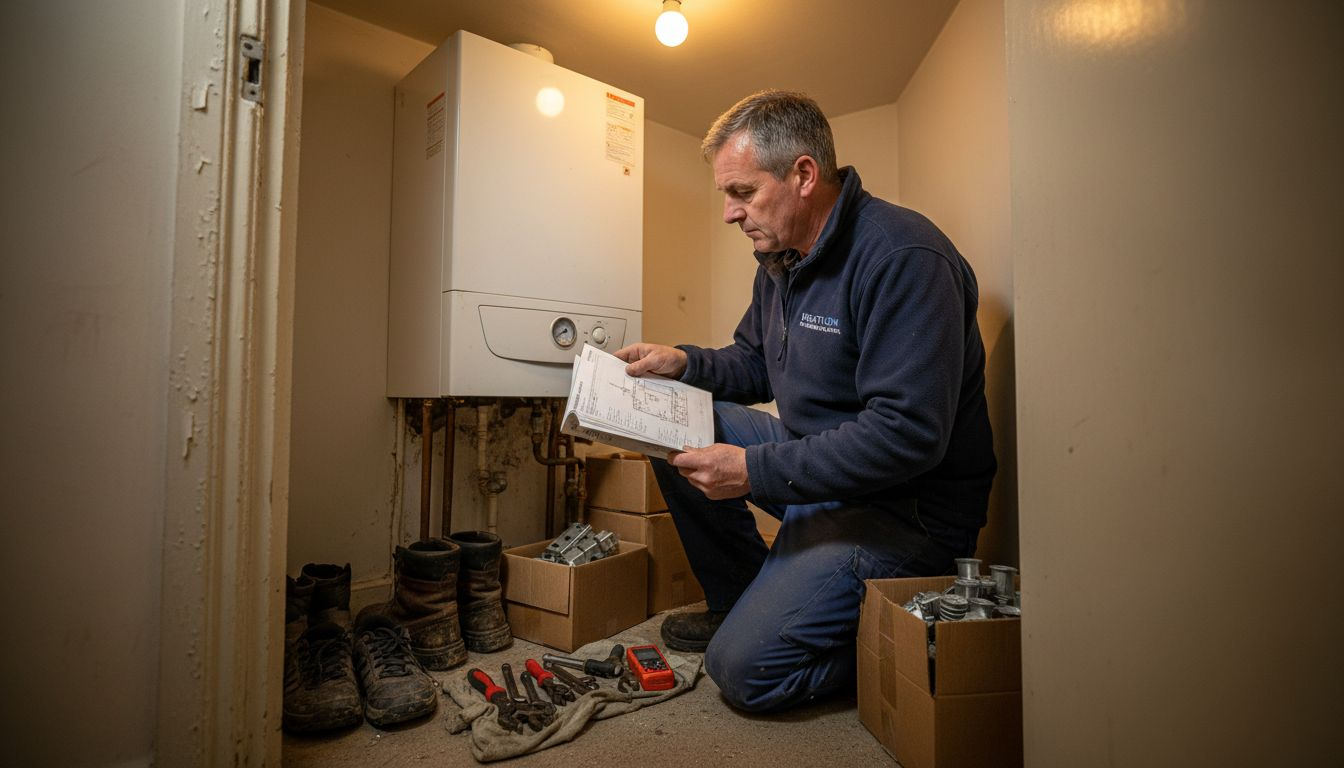 Engineer servicing home gas boiler unit