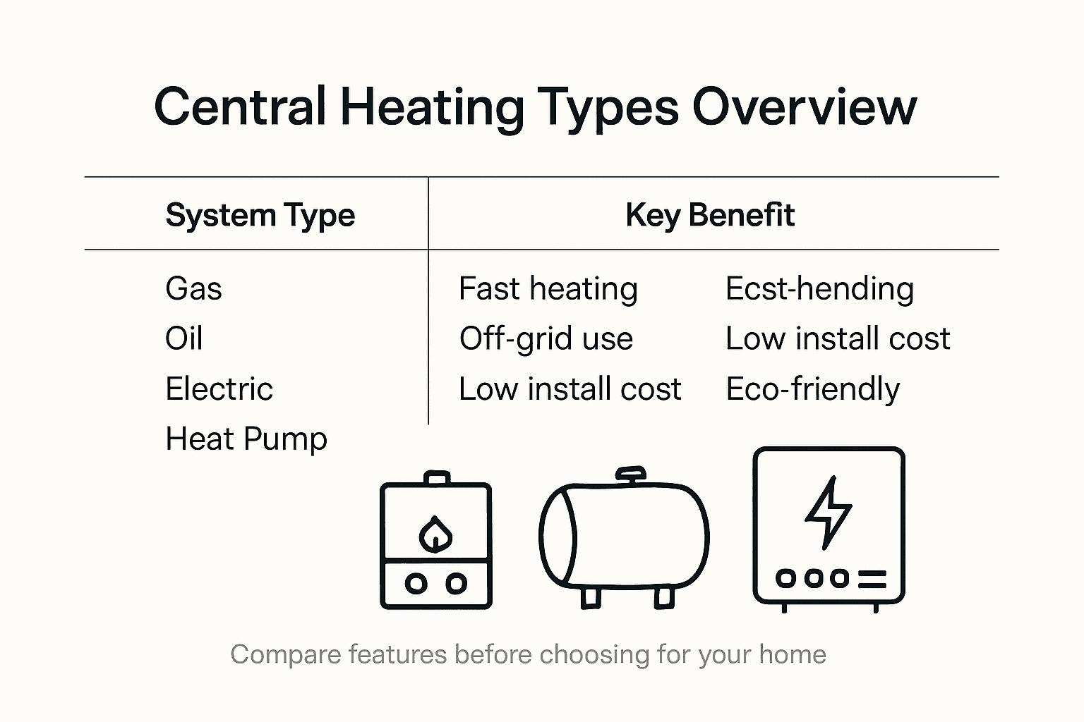 Infographic comparing main central heating types