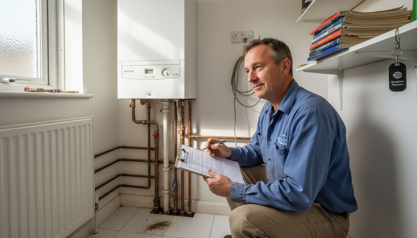 Engineer inspecting boiler in utility room