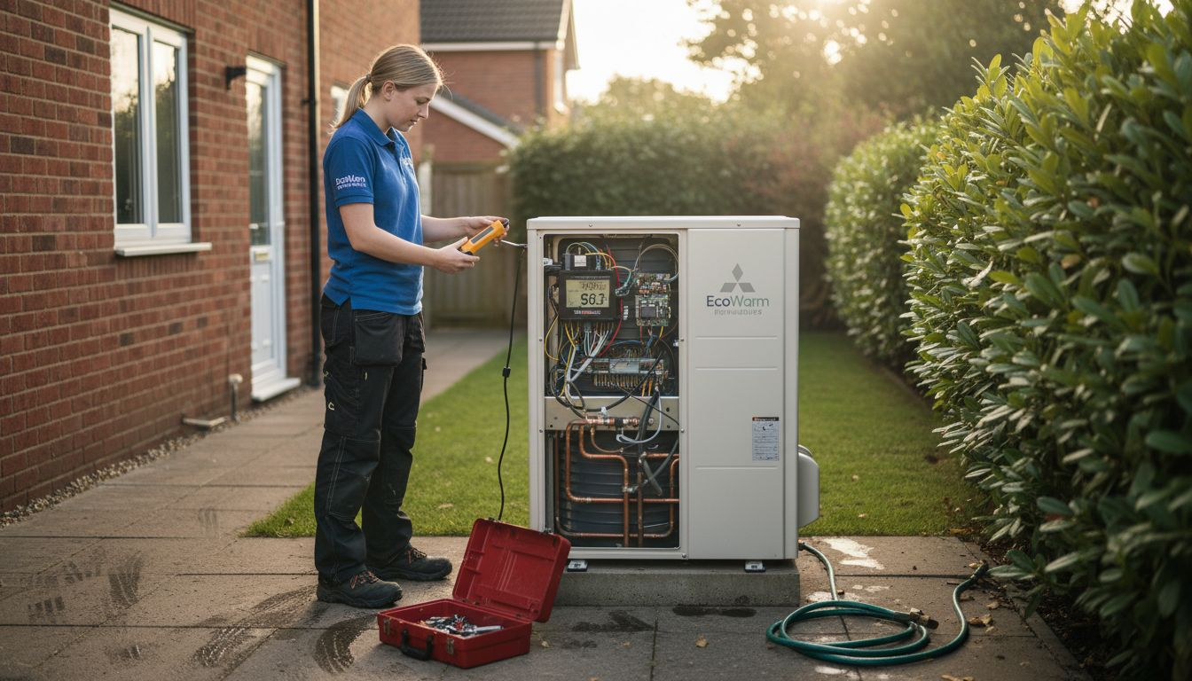 Technician testing heat pump outdoors