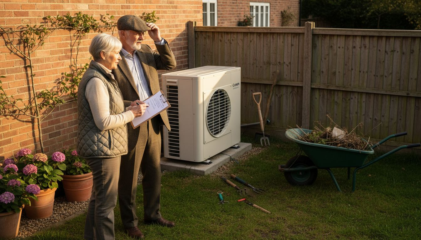 Couple inspecting heat pump outside Hampshire home