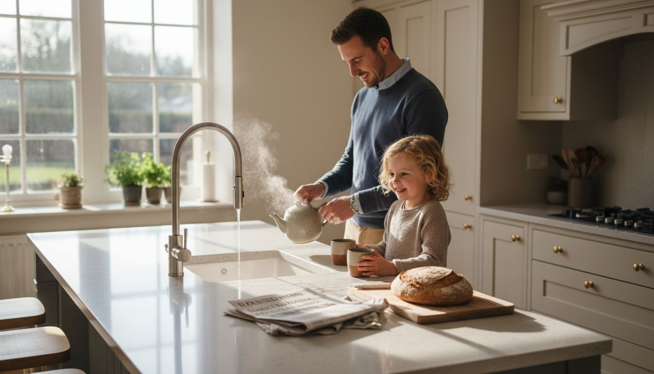 Family using hot water in bright kitchen