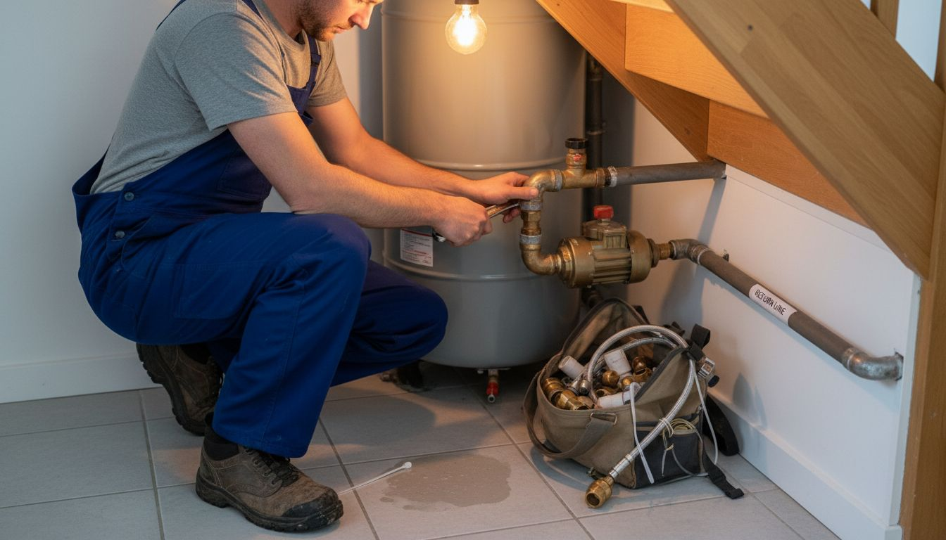 Plumber installing hot water recirculation parts