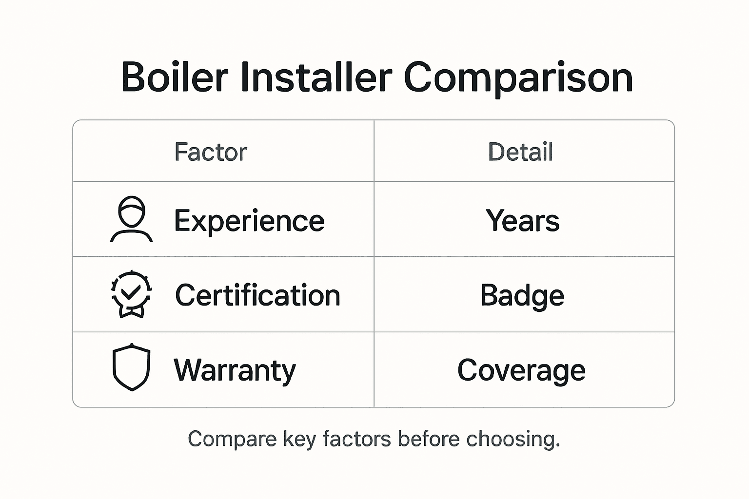 Infographic comparing boiler installer factors