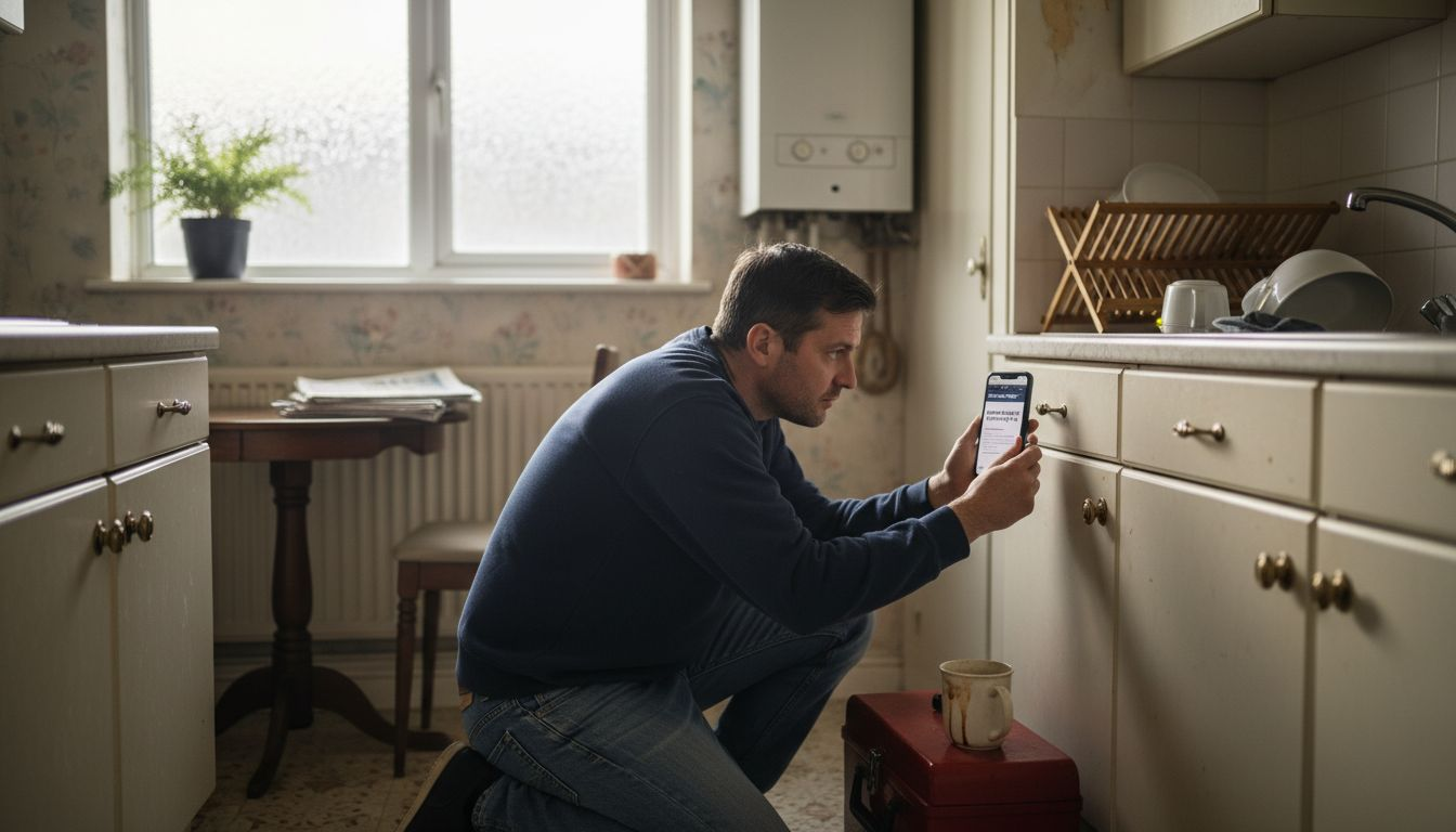 Homeowner inspecting boiler in UK kitchen