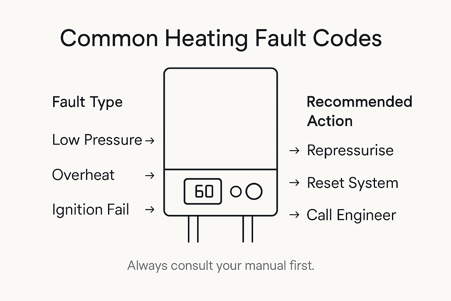 Infographic showing heating system fault codes and actions
