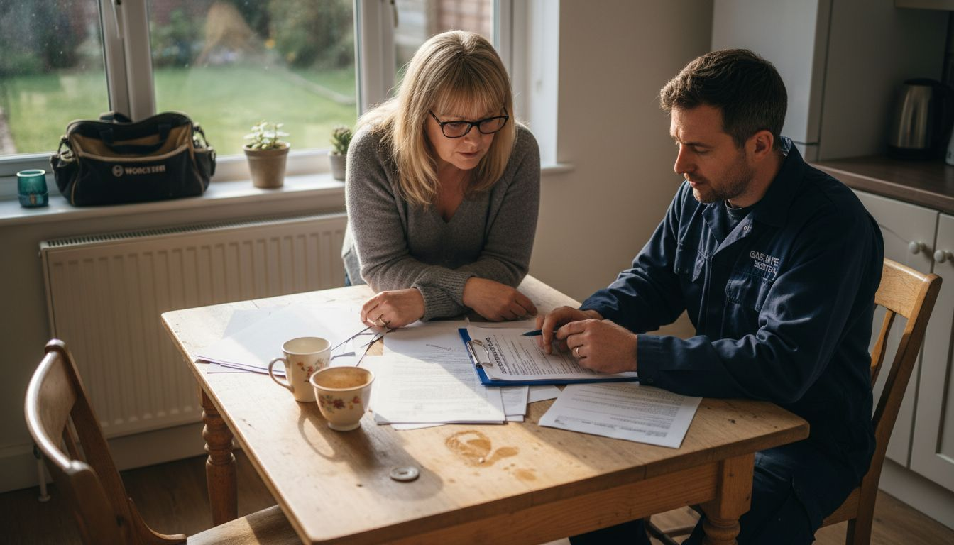 Homeowner checks boiler plus paperwork
