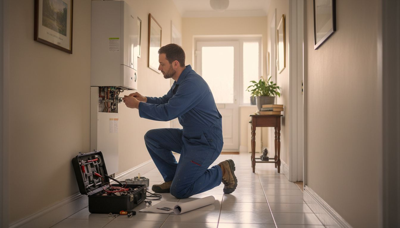 Boiler technician inspecting wall-mounted boiler