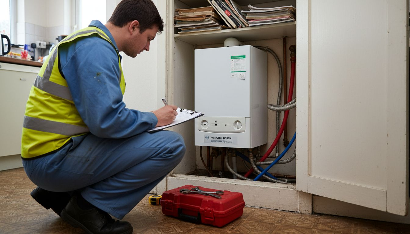 Technician planning boiler installation in flat
