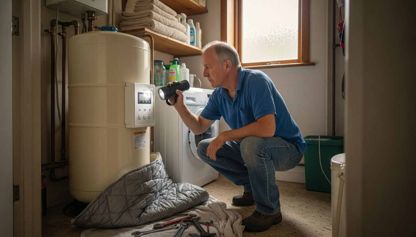 Man inspecting hot water tank in home