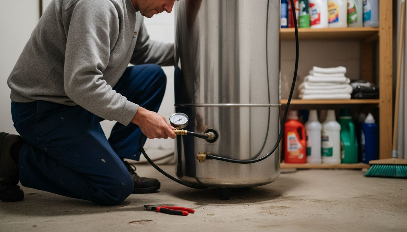 Plumber checking unvented hot water system