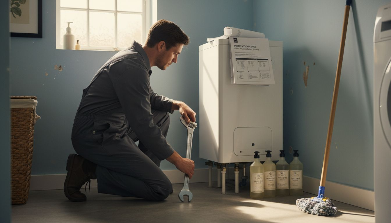 Technician installing heat pump water heater