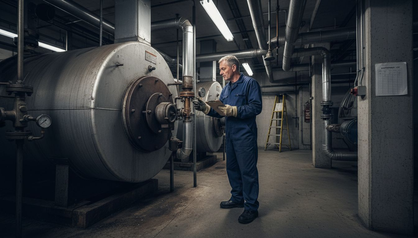 Technician inspecting commercial boiler in plant room