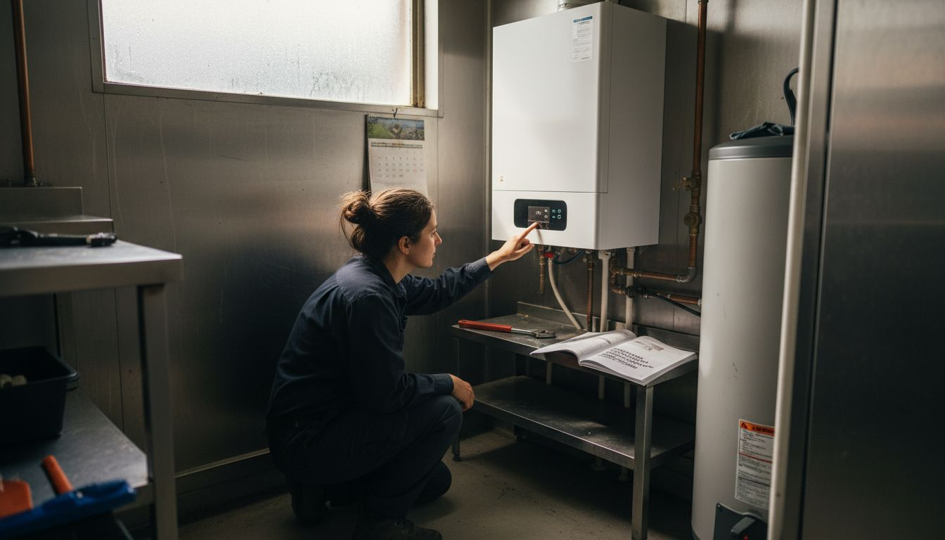 Engineer adjusts condensing boiler display panel