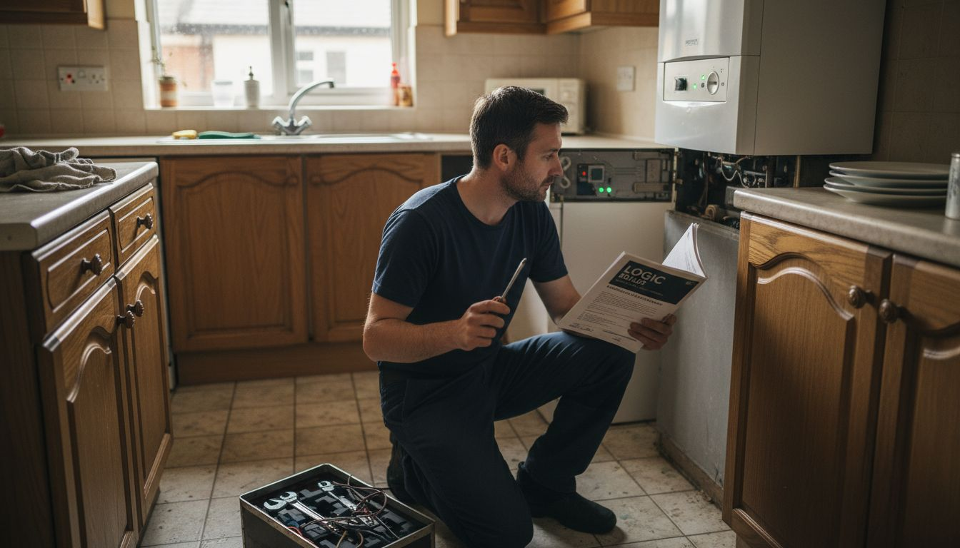 Boiler repair technician inspecting kitchen boiler