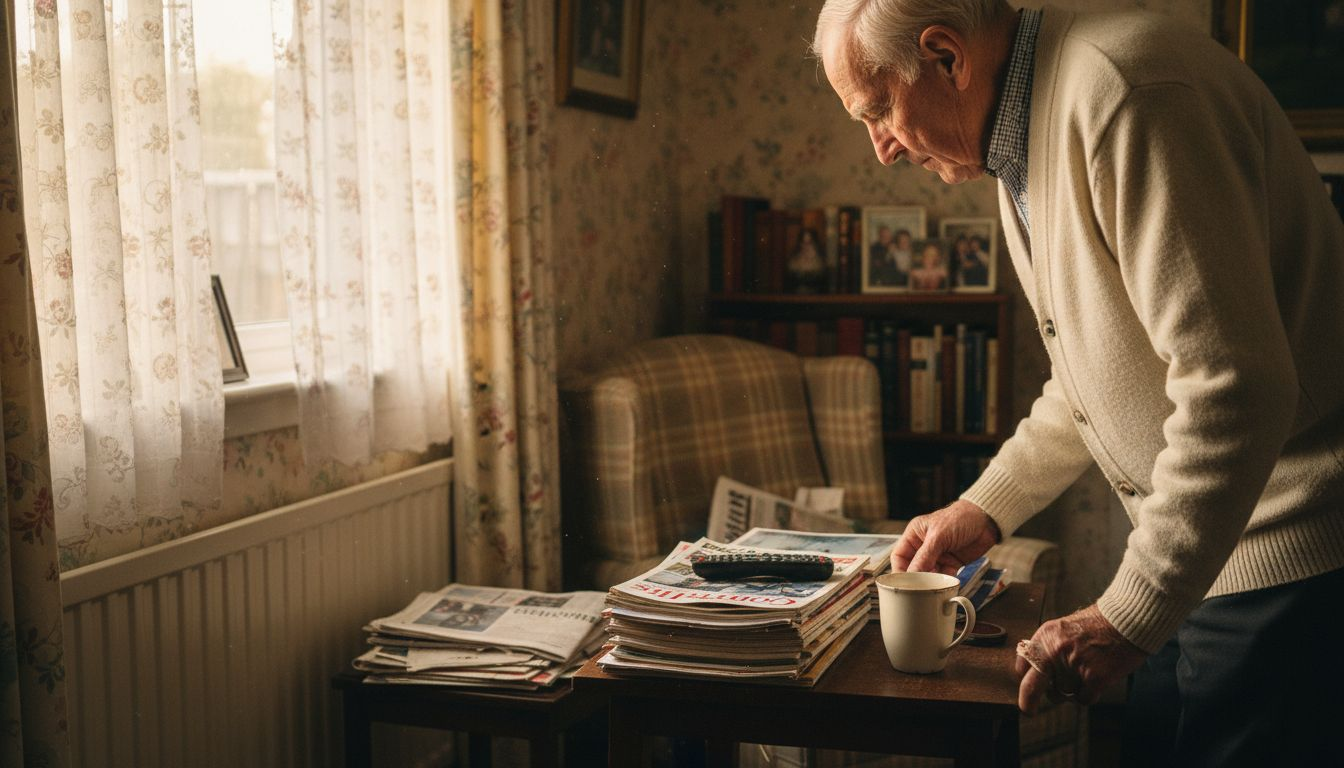Elderly man adjusting manual home thermostat