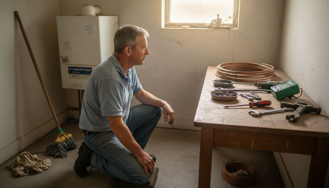 Technician preparing workspace for boiler repair