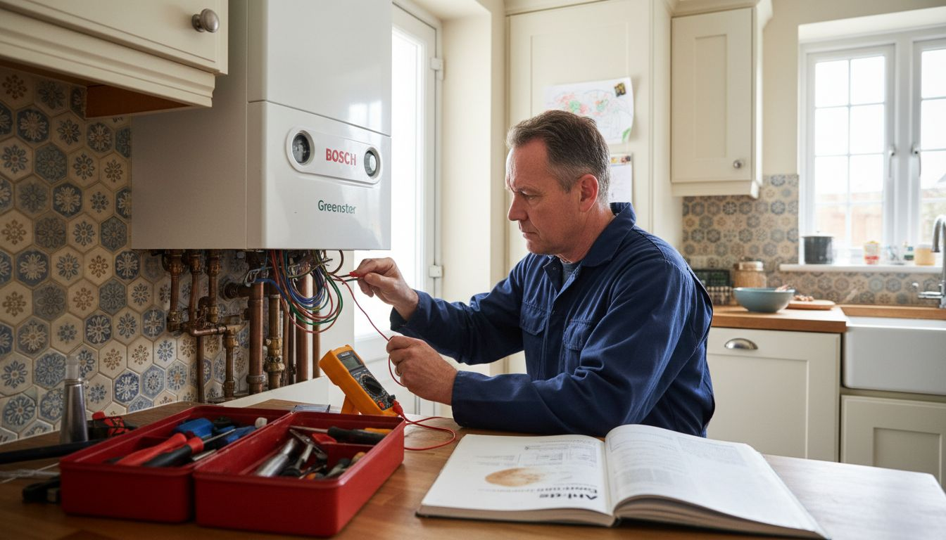 Heating engineer inspecting home boiler system