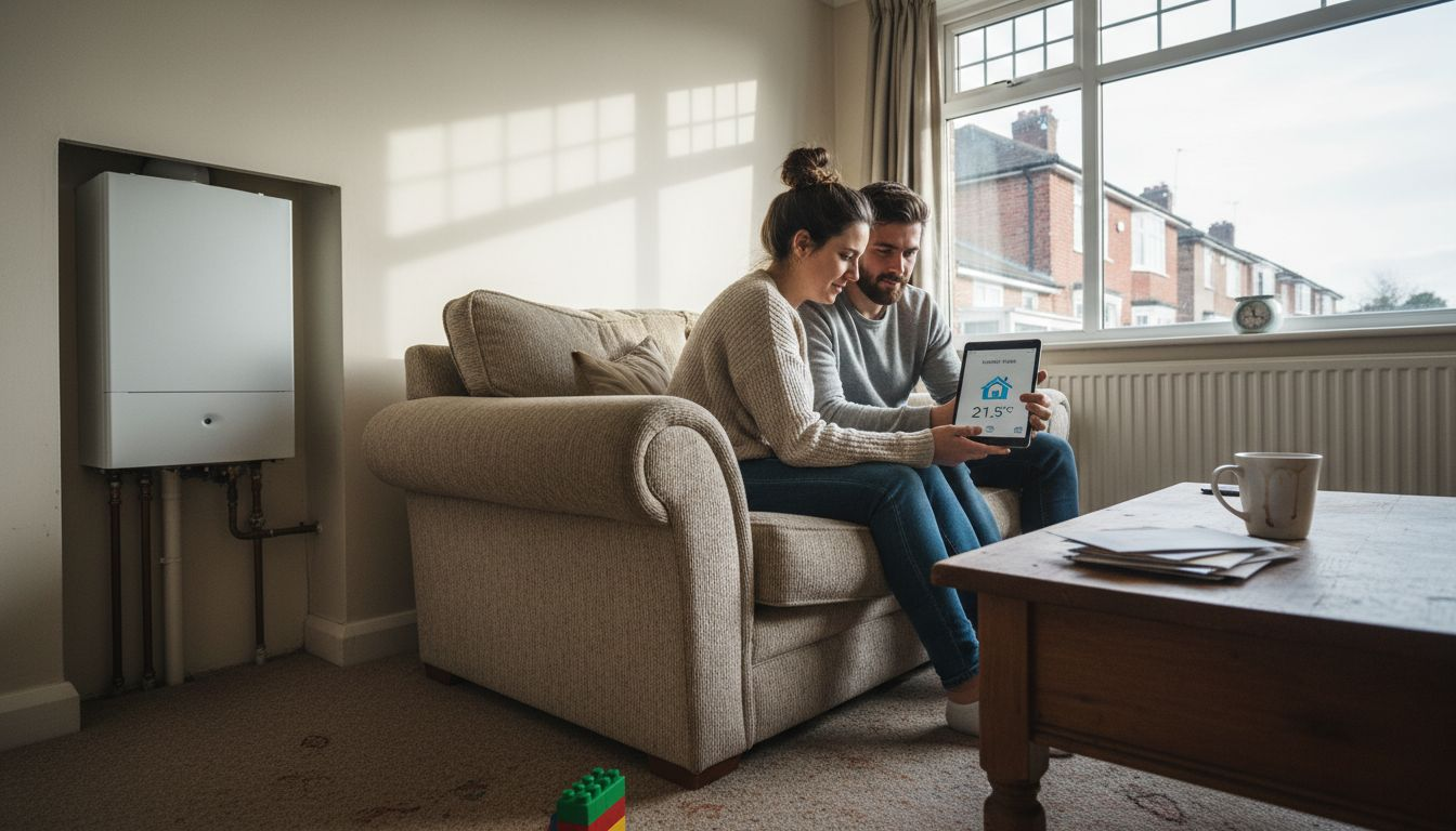 UK couple using efficient home heating in living room