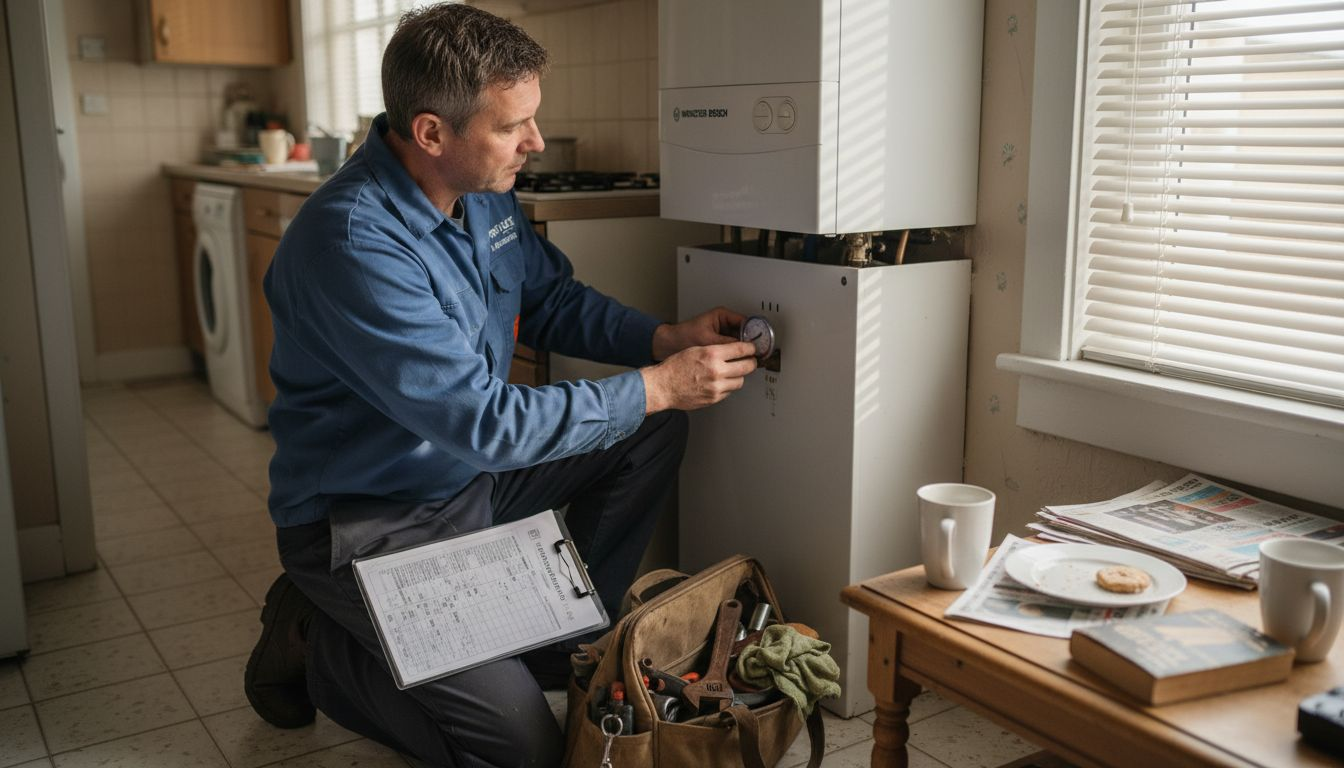 Technician servicing boiler in a modest kitchen