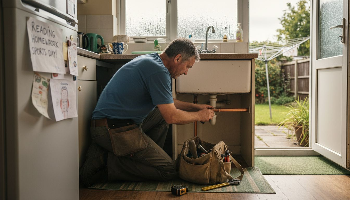 Plumber installing pipework under Hampshire kitchen sink