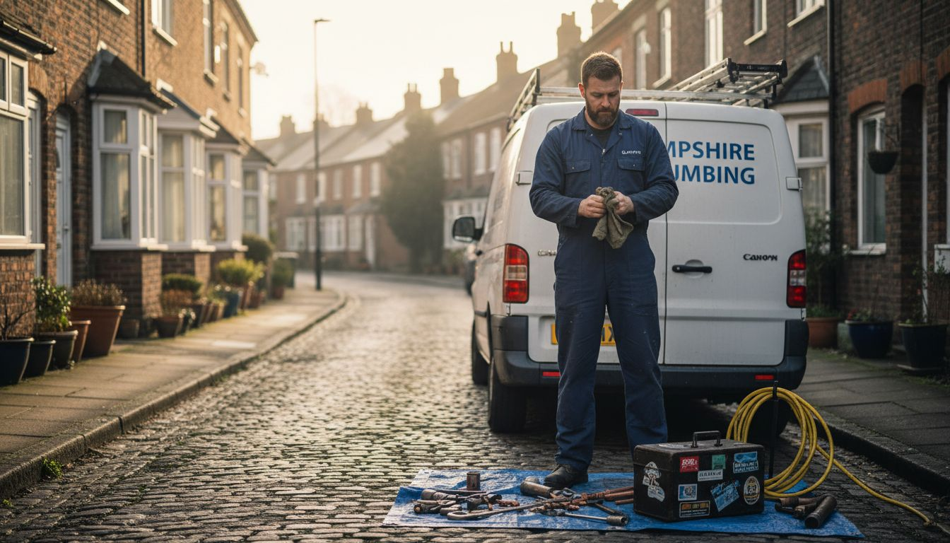 Local Hampshire plumber beside service van street view
