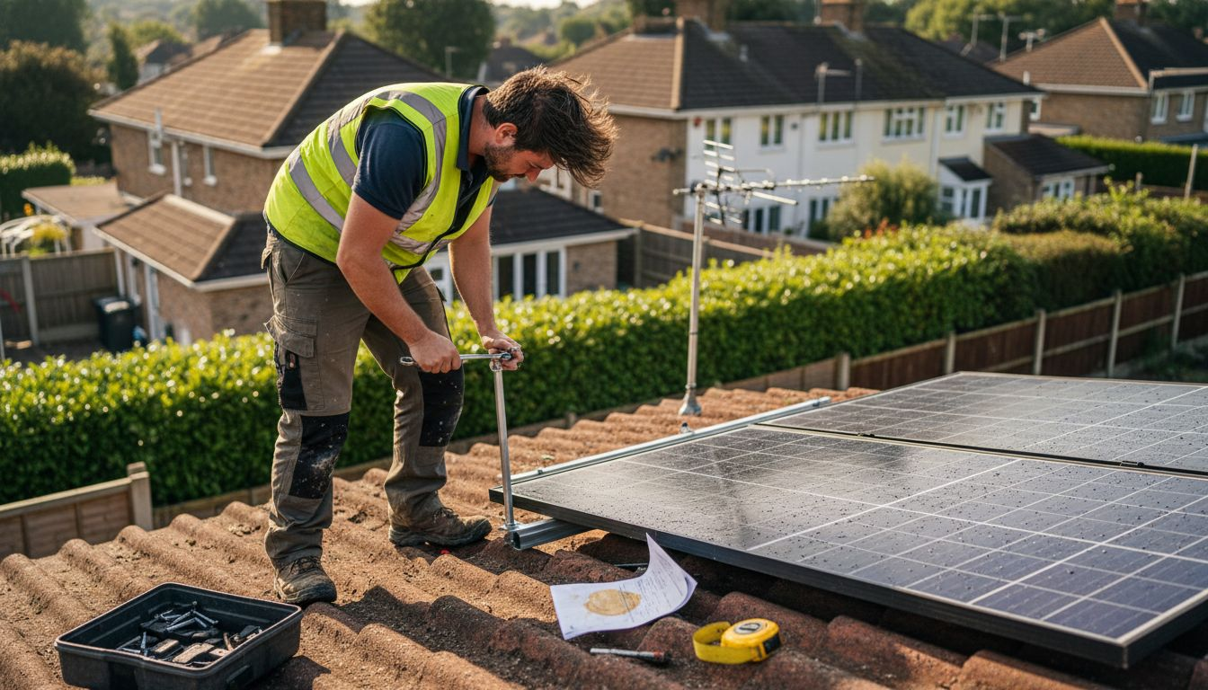 Technician installing solar heating panels on roof