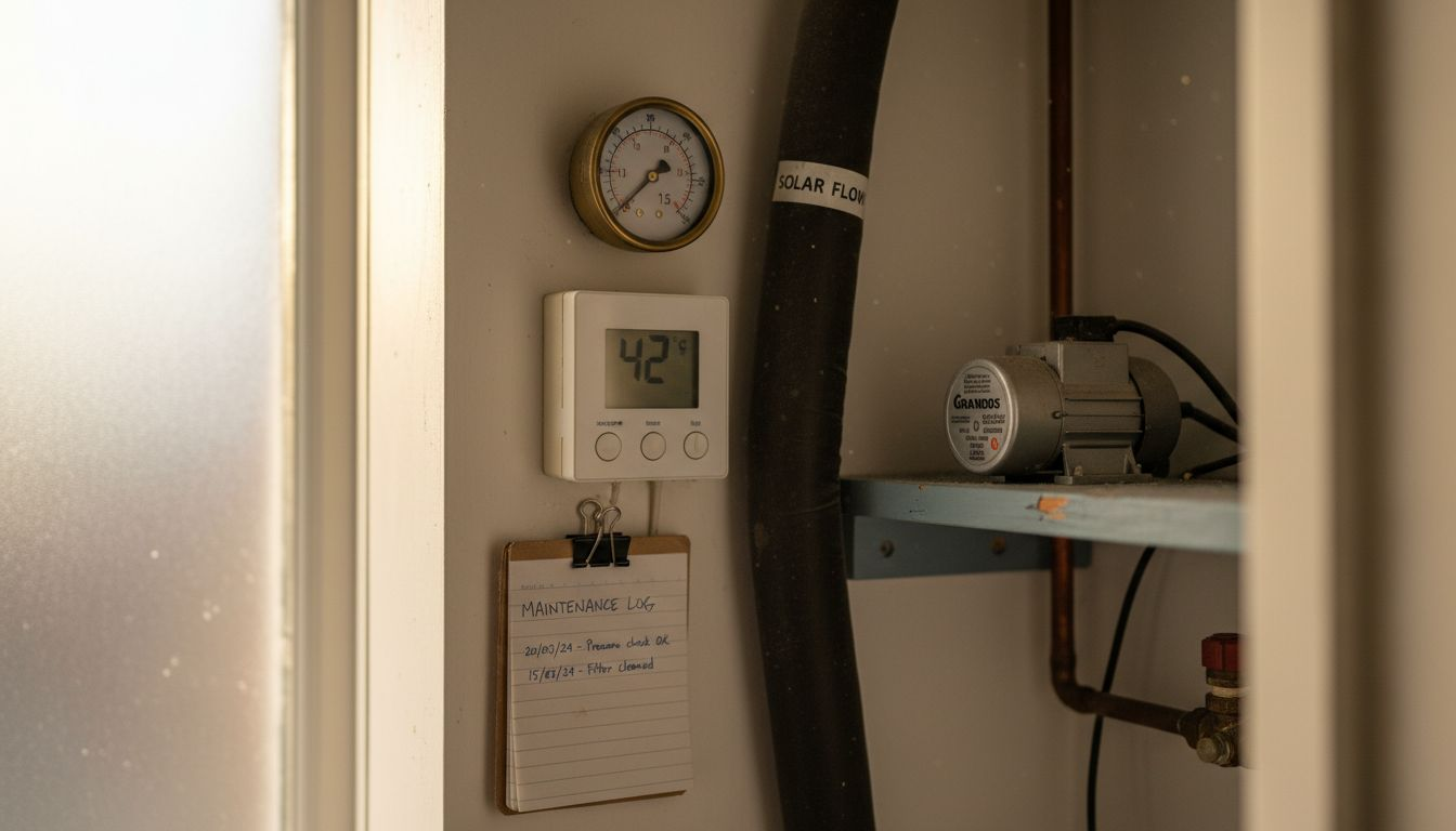 Solar heating system controls in home cupboard