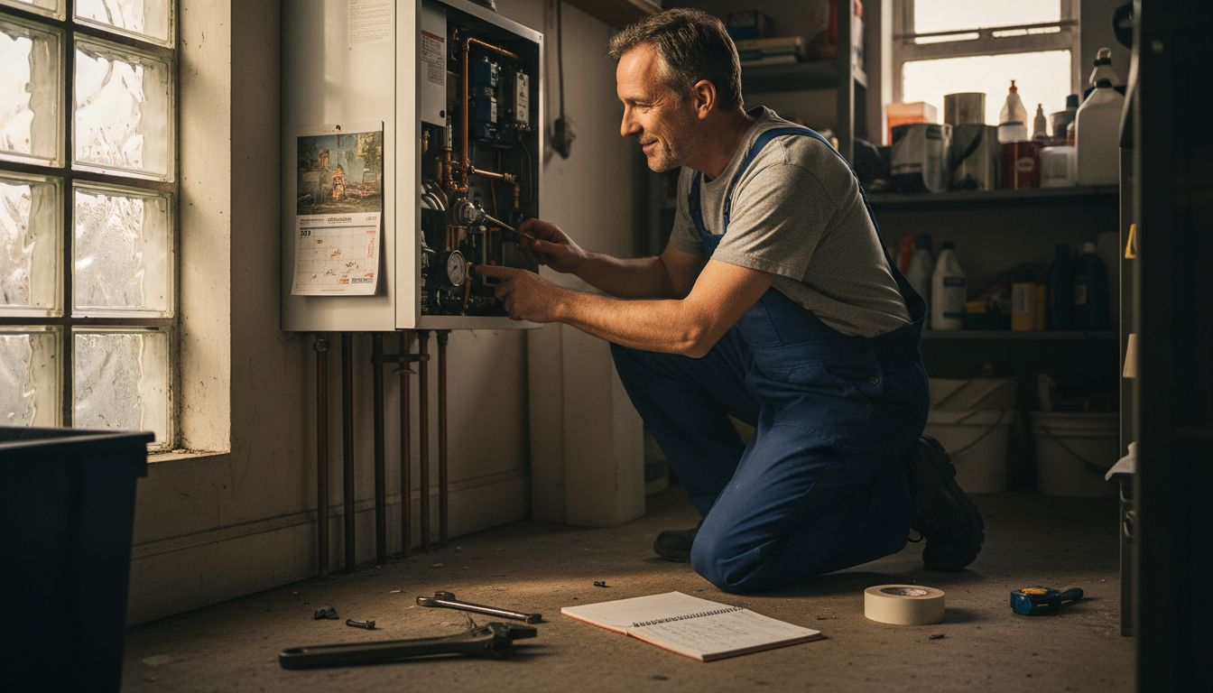 Engineer inspects home boiler in utility room