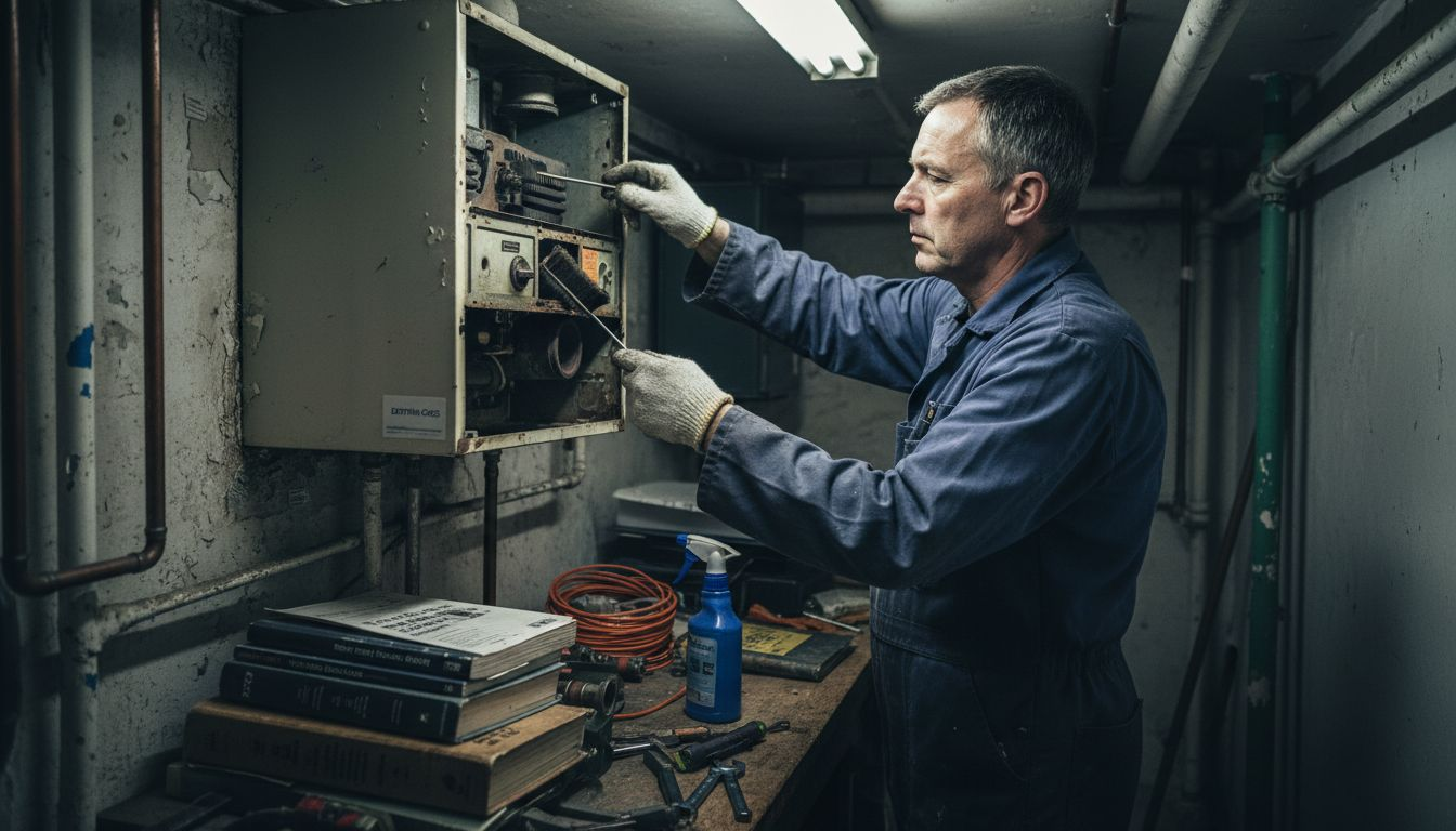 Technician services aged gas boiler equipment