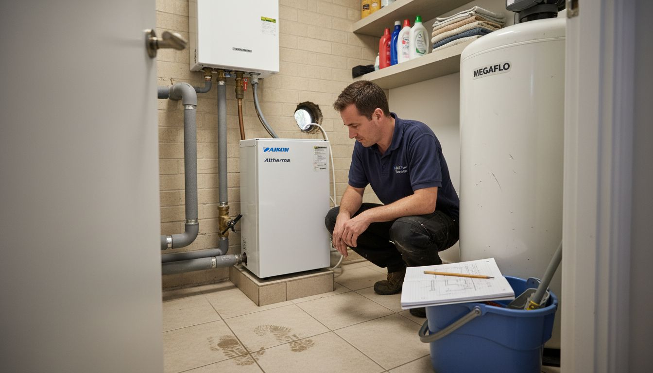 Technician inspects air-to-water heat pump system