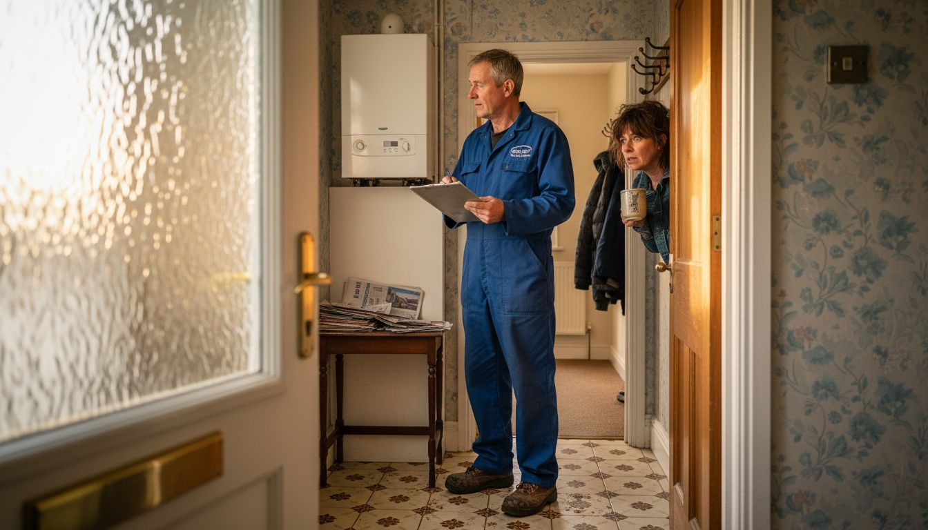 Heating engineer checking home boiler system