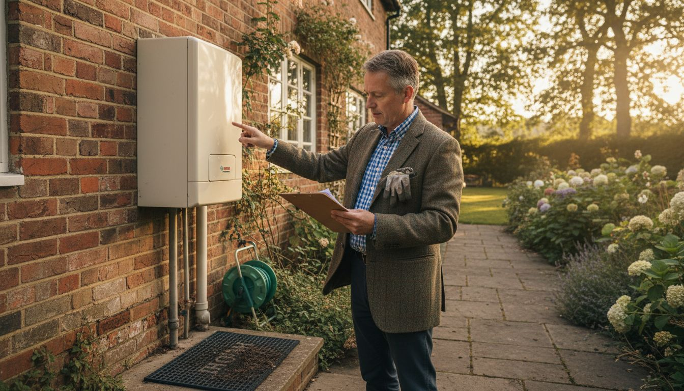Homeowner inspecting boiler system outside house