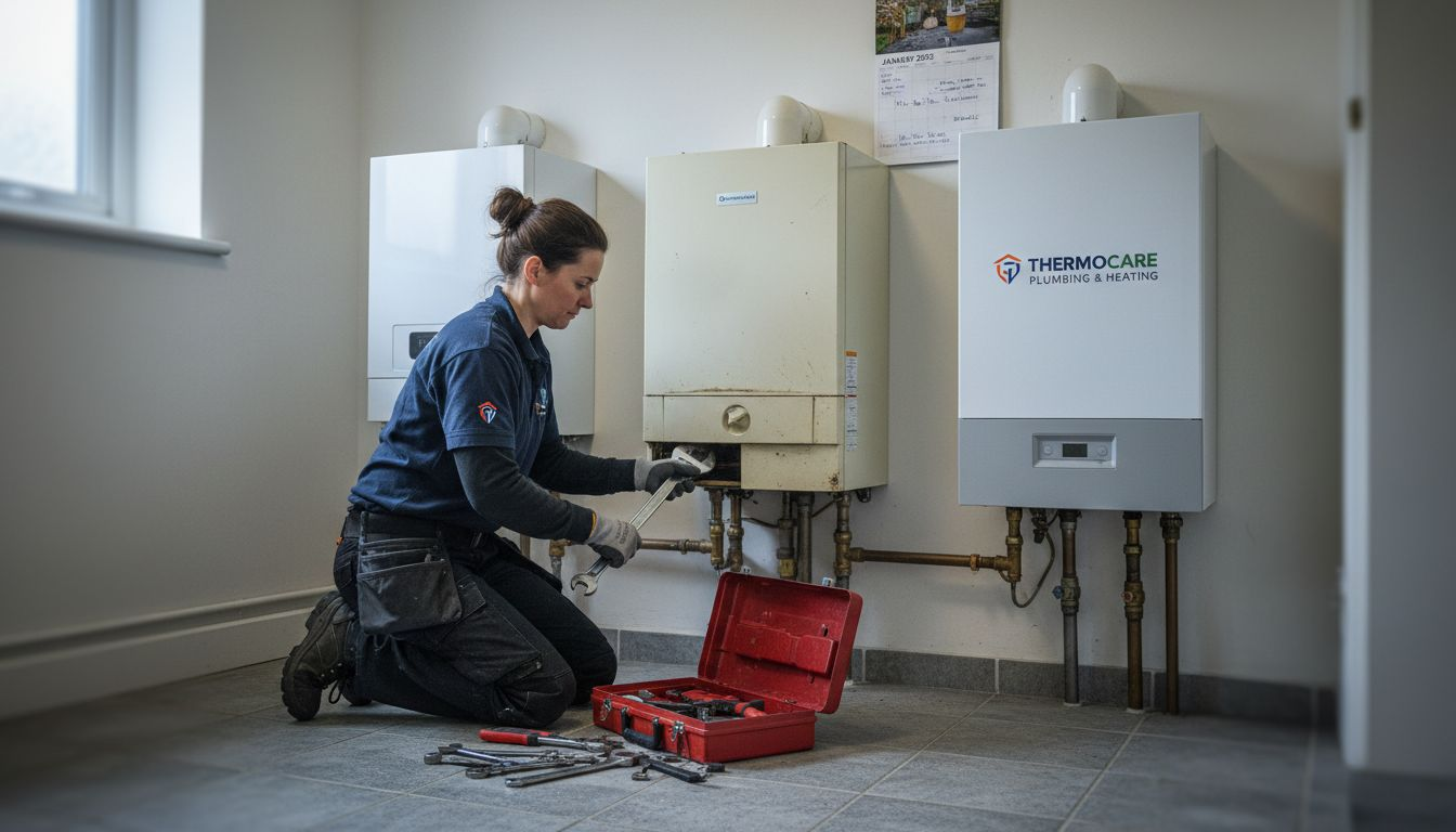 Engineer servicing different home boiler types