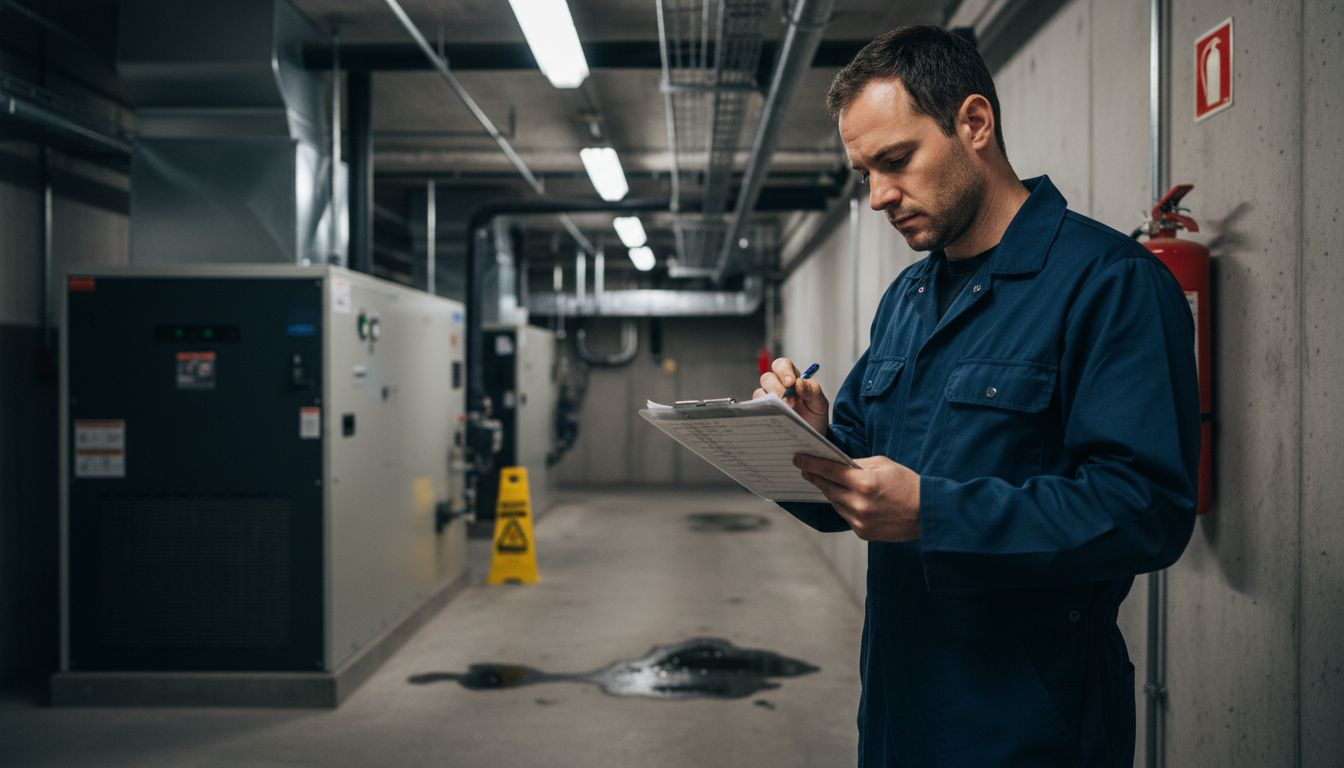 Technician inspecting large commercial boiler system